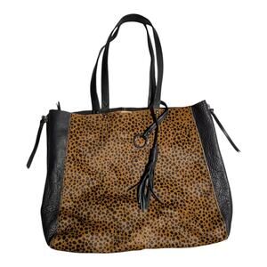 Sanctuary Manhattanville Black Leather Cheetah Calf Hair Shopper Tote with Pouch